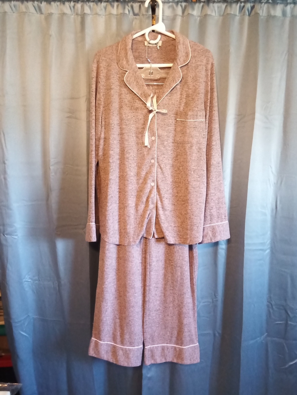 Cozy Taupe Pajama Set with Contrast Piping